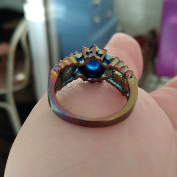 Metallic Rainbow Fire Opal Gemstone Cluster Ring 9 - Picture 11 of 14